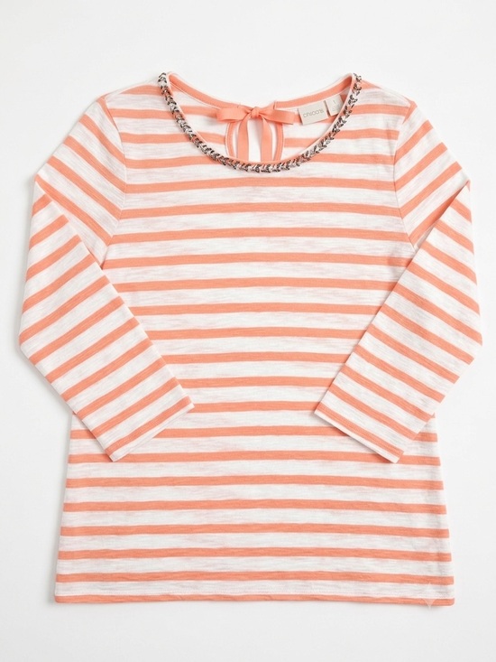 Chico's Tops - Chico's Coral and White Striped Long-Sleeve Top with Neck Tie